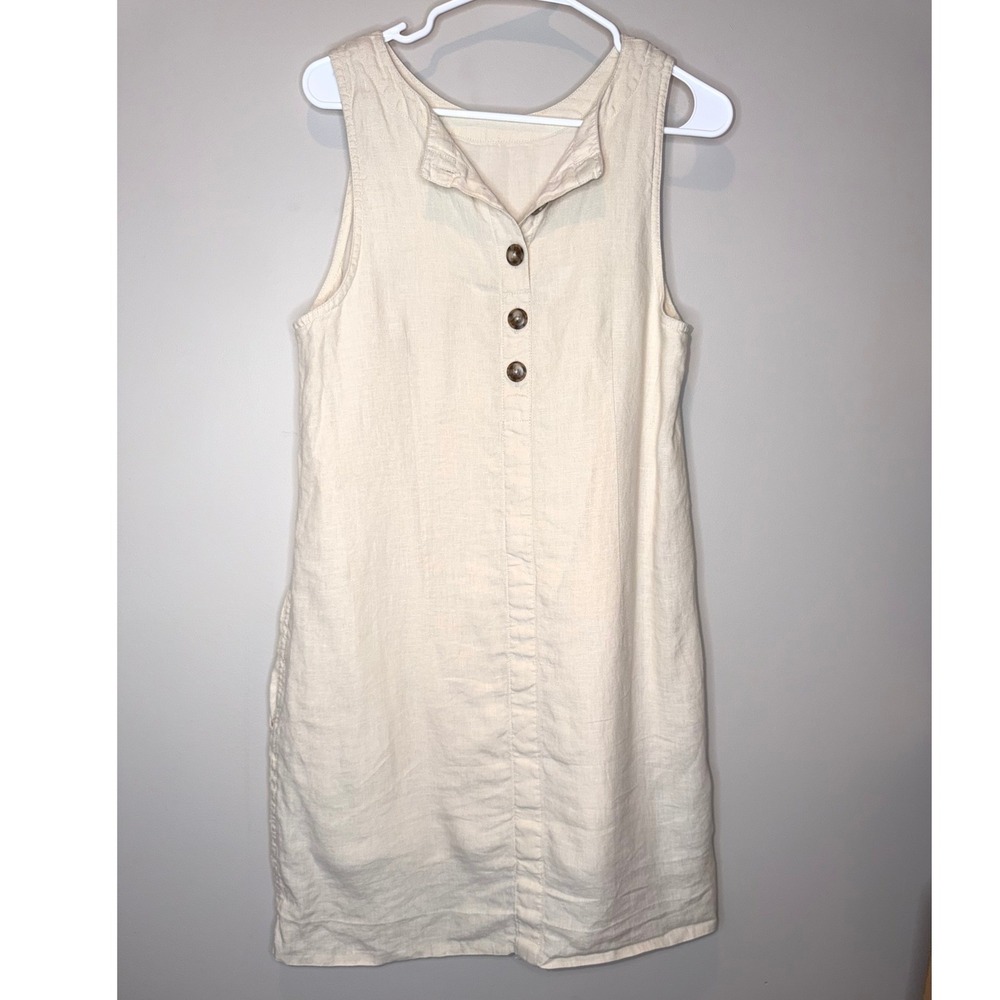 J.Crew 100% Linen Sleeveless Shift Dress Beige Neutral Button Front Medium - Picture 2 of 11